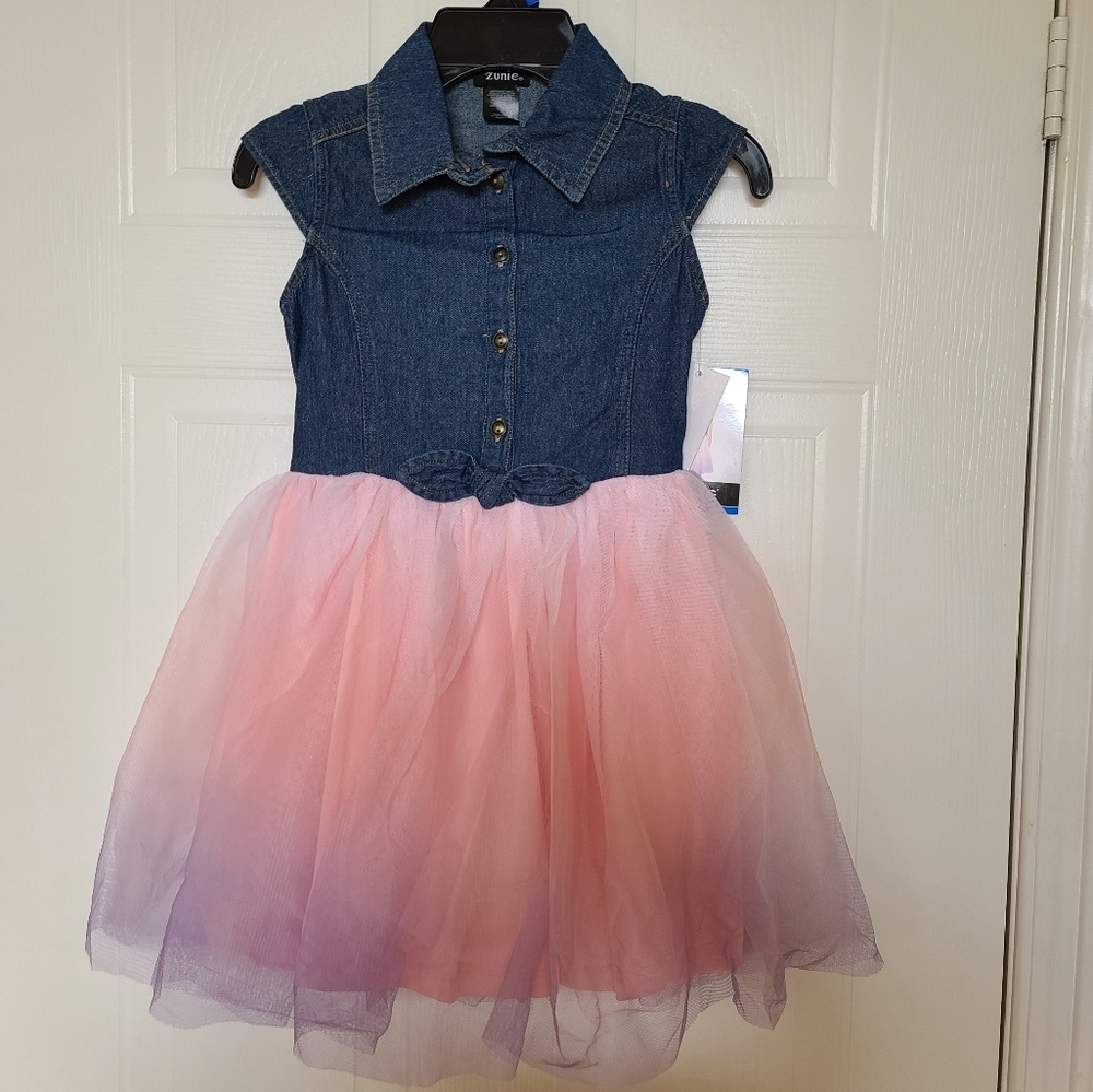 Zunie Denim Shirt Tulle Ombre Dress, 7, Blue, Pink and Purple